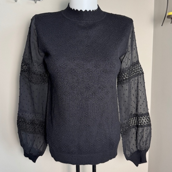 Leo & Ugo Paris Mock Neck Textured Lightweight Sweater Top Sheer Arms‎ Black 4 - Picture 1 of 16